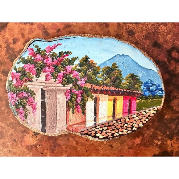 Vintage Oil Painting on Wood Marked Antigua Guatemala 2013